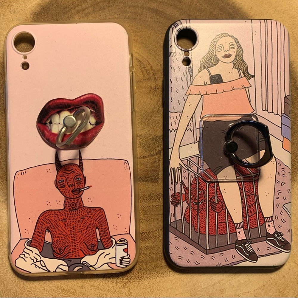 Lot of 2 iPhone XR Phone Cases Silver Gunmetal Finger Ring Polly Nor Graphic Art
